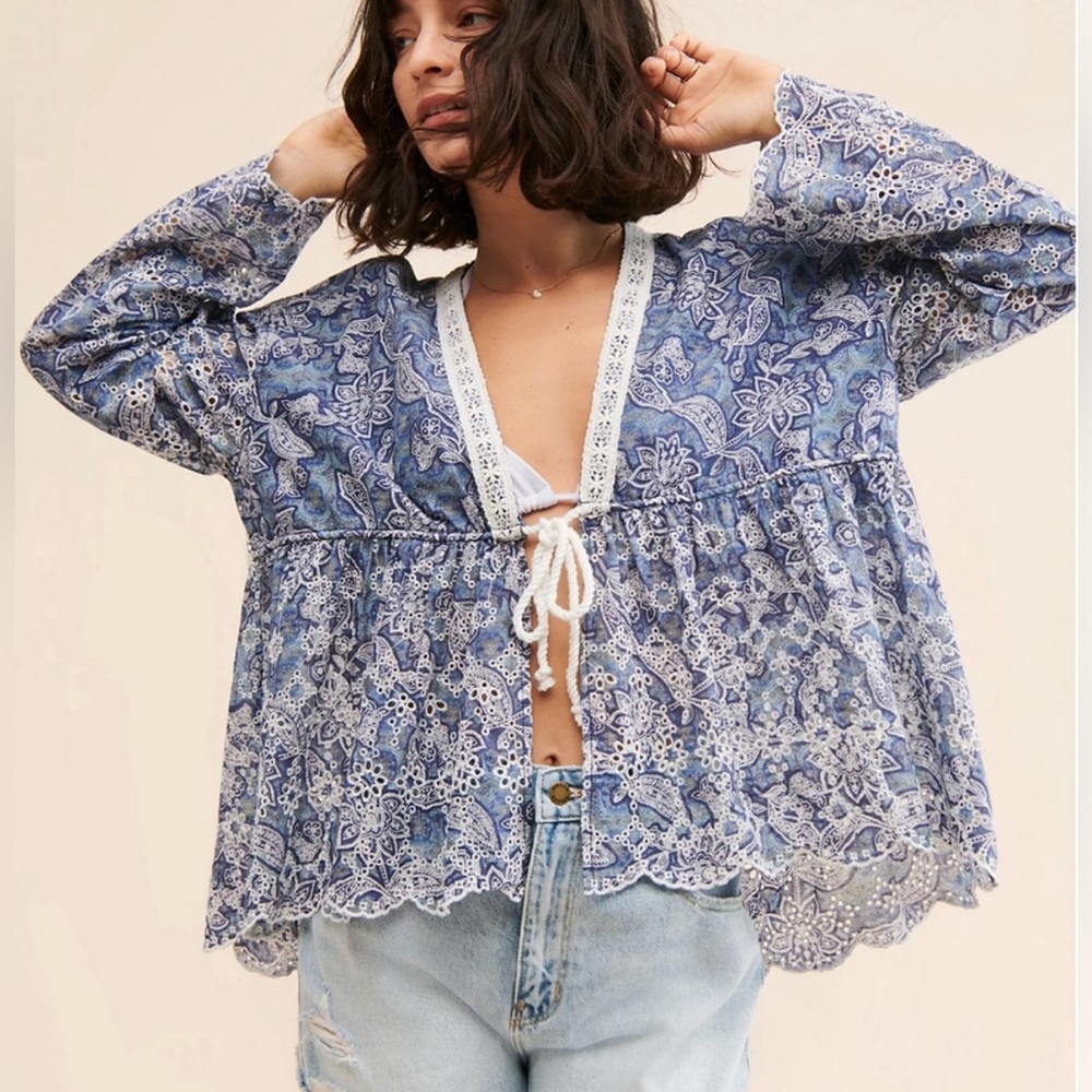 Free People Anissa Eyelet Boho Bed Jacket Small